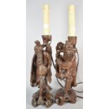 A Pair of Carved Oriental Figural Table Lamps in the Form of Fisherman and Farmer, Each 31cm high