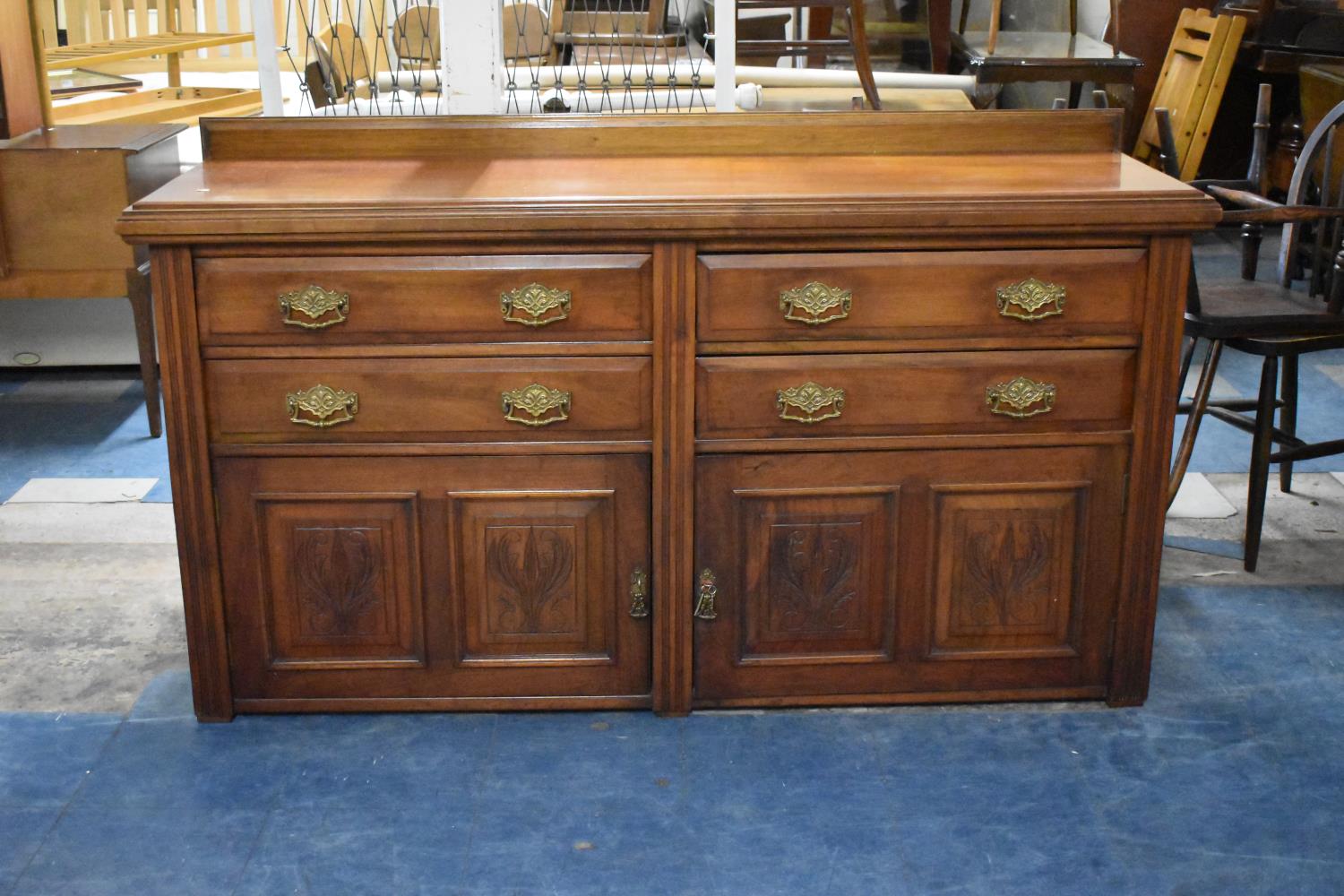 An Edwardian Walnut Galleried Sideboard with Four Long Drawers Over Cupboard Base, 160cm Wide