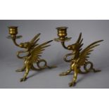 A Pair of Nice Quality Brass Novelty Candlesticks in the Form of Dragons, Each 19cm high