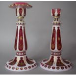A Pair of 19th Century Gilt Decorated White Overlaid Ruby Glass Candle Sticks (One Cut Down), 24.5cm