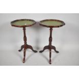 A Pair of Reproduction Mahogany Tripod Wine Tables with Tooled Leather Tops, 30cm diameter