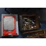 A Box Containing Various Silver Plated and Stainless Steel Cutlery, Table Mats etc