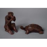 Two Japanese Carved Wooden Okimonos, Seated Monkey and Tortoise , Both with Inset Glass Eyes, Monkey
