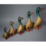 A Graduated Set of Five Modern Carved Wooden Ducks, the Tallest 36cm