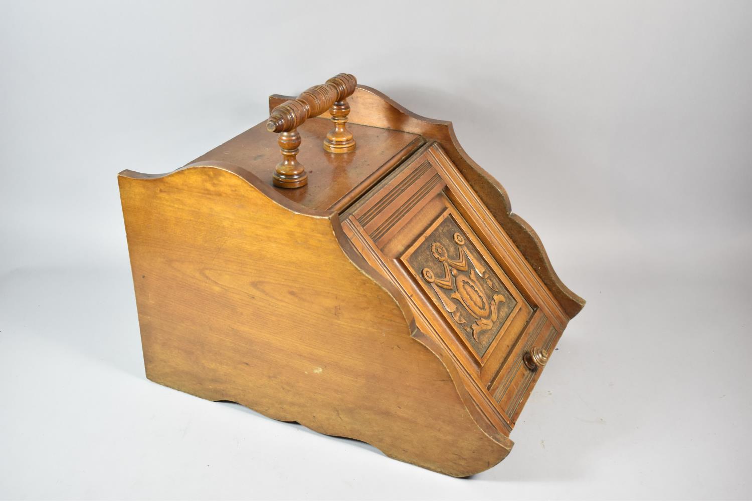 A Late Victorian/Edwardian Walnut Coal Scuttle with Panelled and Carved Lifting Lid to Inner with