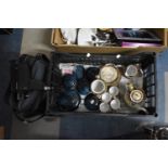 A Box Containing Japanese Coffee Set, Halina Cine Camera in Bag and Blue Glass Dressing Table Set