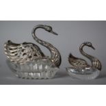 A Continental Glass and Silver Mounted Salt in the Form of a Swan Together with a Smaller Example,