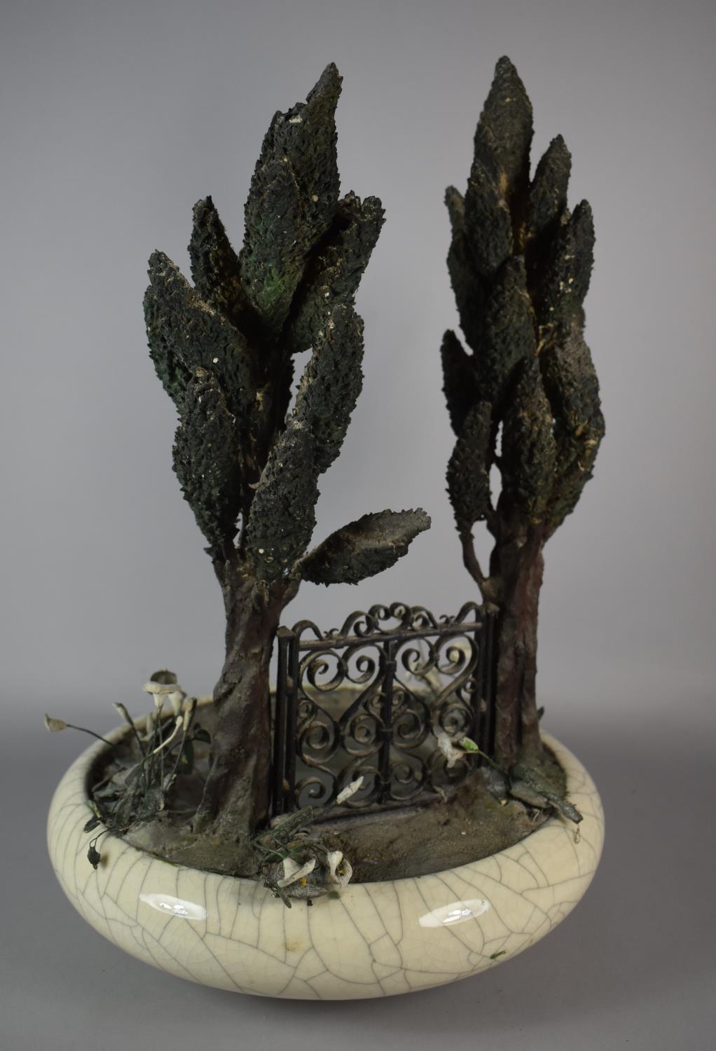 A Vintage Crackle Glaze Shallow Bowl Housing Holly Tree and Gate Diorama with Illuminated Pool, 31cm