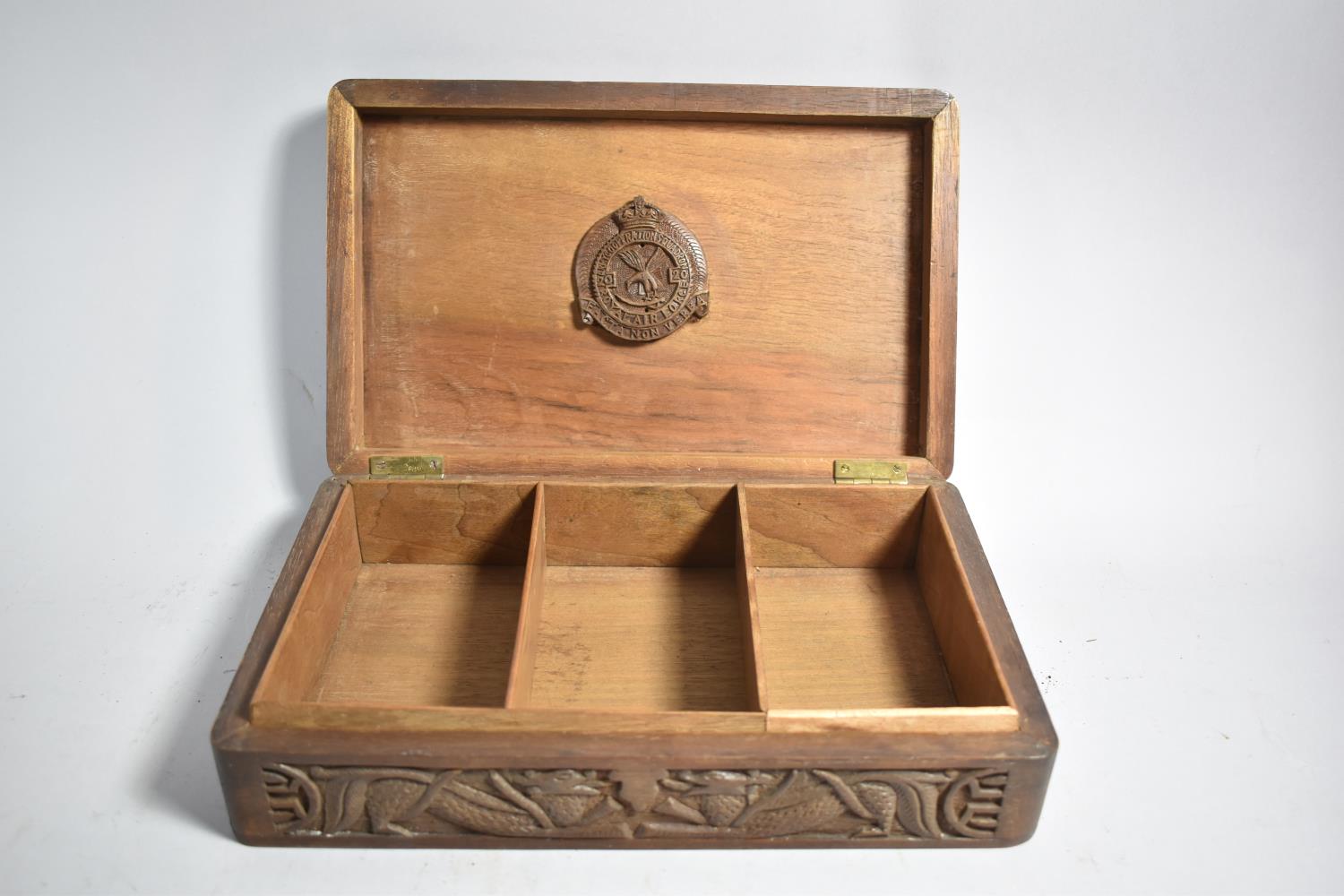 A Chinese Carved Wooden Box, the Hinged Lid Decorated with Two Dragons, Three Section Interior, 27. - Image 3 of 4