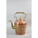 A Large Copper Kettle with Brass Handle and Spout the Body Having Repousse Decoration, 38cm high