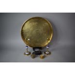 A North Indian Circular Engraved Brass Tray Top, 46cm diameter, a Pair of Enamelled Brass
