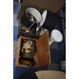 A Wicker Picnic Hamper Containing Octagonal Table Mats, Various Table Lamps and Shades and a White