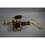 A Collection of Various Tortoiseshell Brushes and Travel Set, Kit Glove and Leather Purse