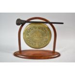 An Oriental Etched Brass Gong Decorated with Three Masted Ship on Later Wooden Stand with Hammer,