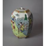 A Large Oriental Hexagonal Lidded Vase Decorated with Multicolored Enamels Depicting Oriental