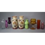 A Collection of Coloured Glassware to Include Bark Style Orange Vase, Hand Painted Continental