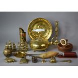 A Collection of Brassware to Include Brass Kettle, Charger, Candlestick, Ship Bookends, Maritime