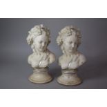 A Pair of Ceramic Busts of Maidens on Turned Socles, Each 33.5cm High