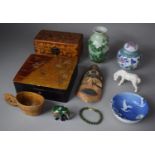 A Tray of Sundries to Include Carved and Lacquered Boxes, Souvenir Mask and Carved Cup, Oriental
