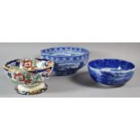 A Cauldon Blue and White Octagonal Bowl, Flow Blue Bowl and Amhurst Imari Bowl