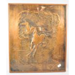 A Framed Oriental Hand Beaten Panel Depicting Galloping Horses, 43cm high