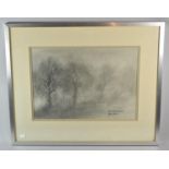 A Framed Pencil Drawing of Willow Trees, "Hallow's End", Shifnal Signed Helen Clare, 42cm wide