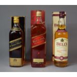 Three Bottles of Blended Whisky: Bells, Black Label and Red Label all with Cardboard Cartons