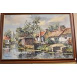 A Large Framed Oil on Canvas Signed Arnie Versteeg Depicting Cottages Beside River, 90cm wide