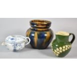 A Glazed Majolica Tobacco Jar, Maws Feeding Cup and Fern Jug