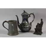 A Victorian Britannia Metal Coffee Pot, Georgian Pewter Quart Tankard Measure and a Resin Bronze