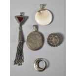 A Collection of Two Silver and Stone Pendants, Silver Locket and a Silver Brooch Together with