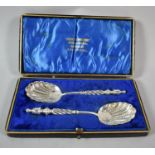A Cased Pair of Silver Plated Spoons with Engraved Shell Bowls and Barley Twist Handles