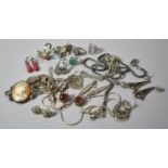 A Collection of Silver Jewellery to Include Earrings, Cameo Brooch, Five Rings, Chains etc. Total