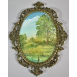 A Gilt Framed Oval Watercolour Depicting Rural Scene with Tree, Signed Charles South, 17cm high