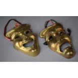Two Modern Brass Wall Hanging Masks, Happy and Sad, Each 16cm high