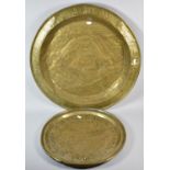A Large Beaten Brass Charger Decorated with Jesus and Angles, 61cm Diameter, Together with Another