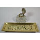 A Late 19th Century Pierced Brass Desktop Pen Rest, 20cm wide Together with a Silver Plate and Glass