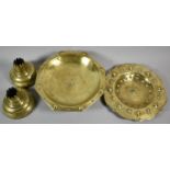 Four Pieces of Ecclesiastic Brassware to include Two Circular Candle Covers, Offertory Plate and