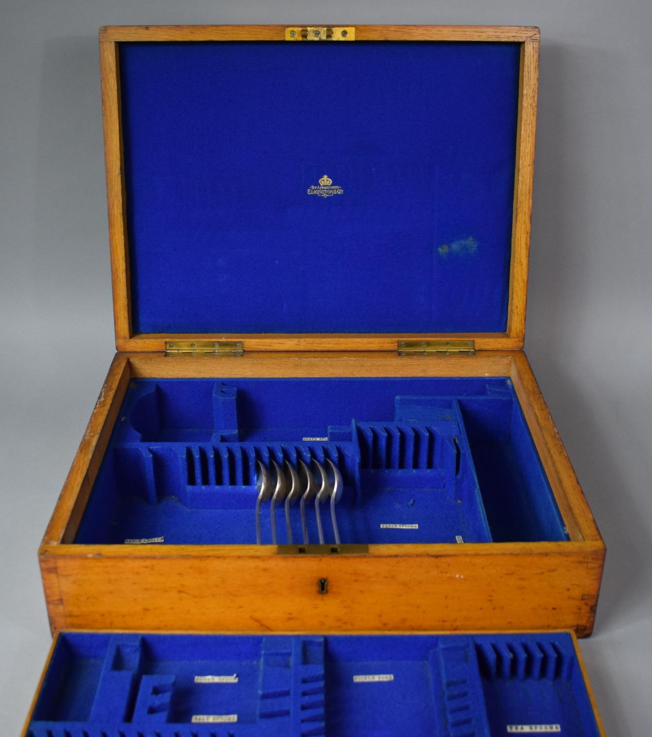 An Edwardian Oak Fitted Canteen Cutlery Box by Elkington and Co., Brass Side Carrying Handles and - Image 2 of 3