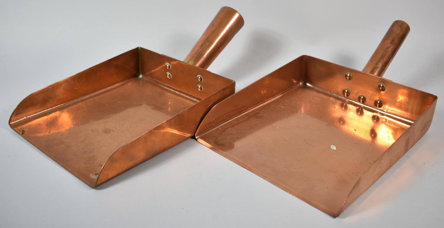 A Pair of Heavy Square Copper Scoops of Rectangular Form, Turned Handles, Total Length 34cm