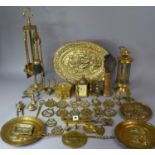 A Collection of Brasswares to Include Horesbrasses, Pressed Plaques, Fire Companion Set, Lantern,