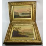 A Pair of Gilt Framed Naive Oils on Board Depicting Lake Scenes, Each 33.5cm wide