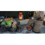 A Collection of Various Garden Tools, Galvanised Bin, Galvanised Wheelbarrow etc