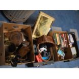 Four Boxes of Sundries to Include Vintage Books, Pictures and Prints, Cast Iron Dog Doorstop,
