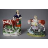 Two Staffordshire Flatbacks, Farmer and Wife with Cattle, Losses to Cow Horns, 19cm high