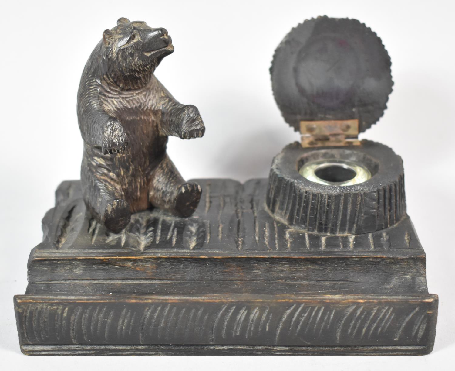 A Carved Black Forest Novelty Inkstand in the Form of Seated Bear Beside Tree Stump, with Original - Image 2 of 3