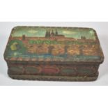 A Continental Carved Wooden Box Decorated with Town River Scene in Original Enamels, 18cm wide
