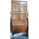 An Edwardian Mahogany Veneered Bureau Bookcase with Leaded Glass Top, 87cm wide