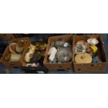 Four Boxes of Various Ceramics and Glasswares, Owl Ornament, Stoneware Jars etc