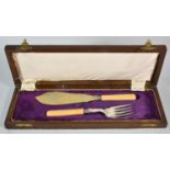 An Edwardian Mahogany Cased Set of Silver Plated Bone Handled Fish Servers, 39cm Wide
